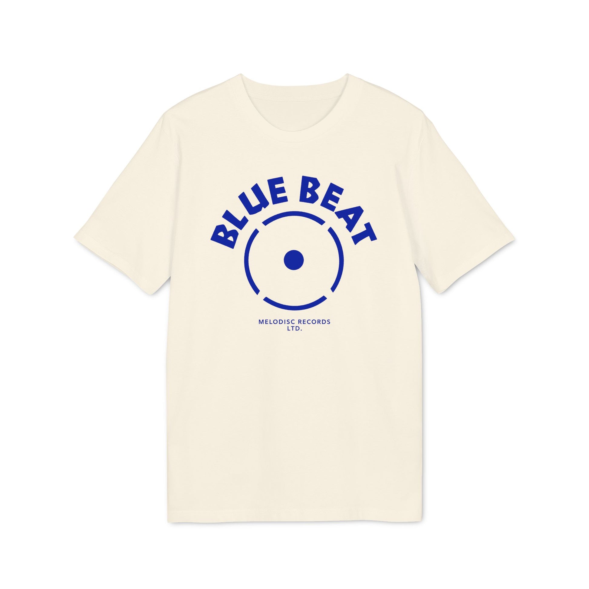 Cream t-shirt with blue "BLUE BEAT" text and record graphic.