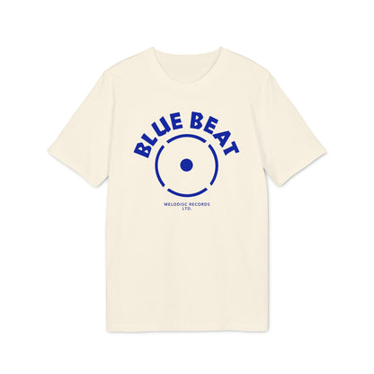 Cream t-shirt with blue "BLUE BEAT" text and record graphic.