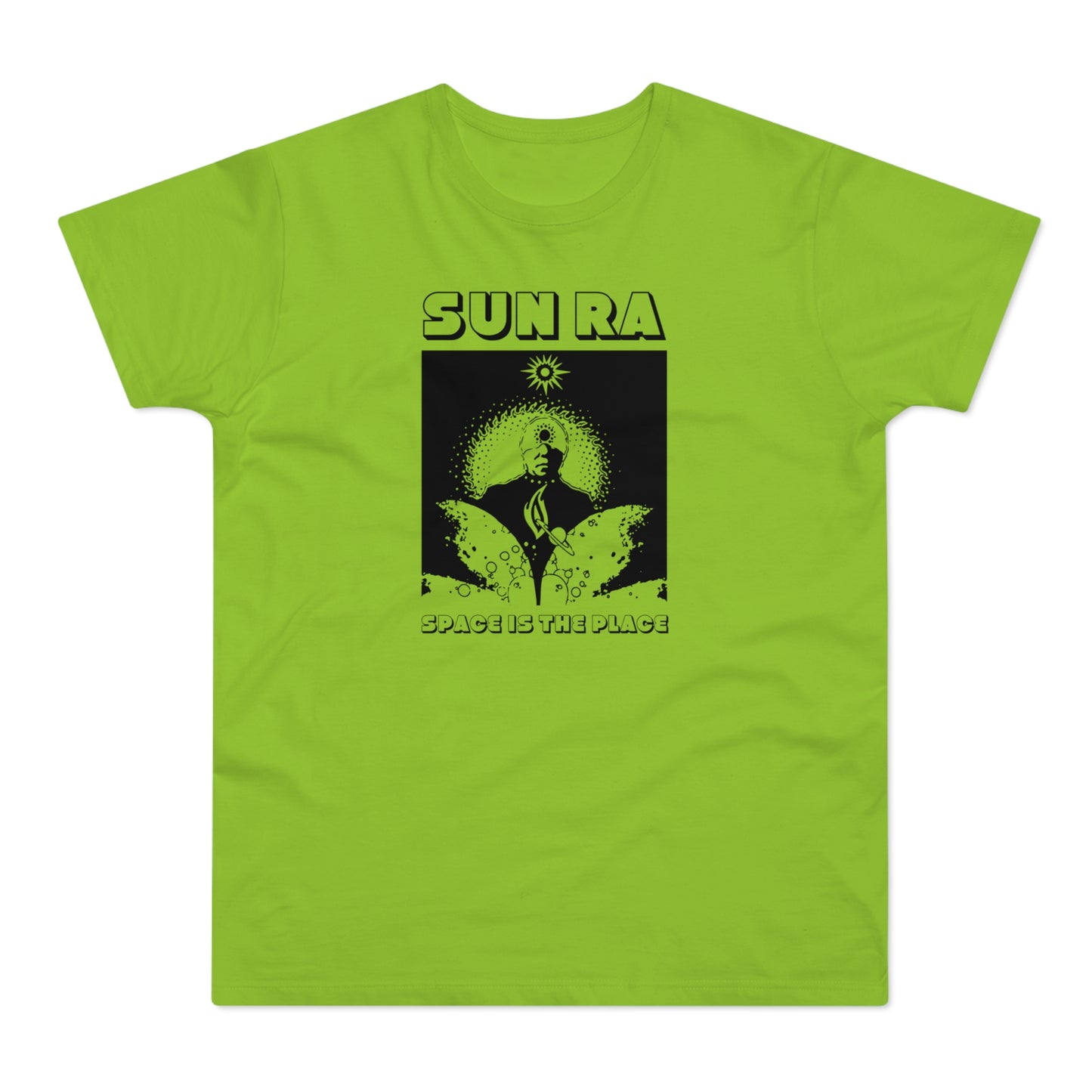 Lime green t-shirt with black graphic of Sun Ra and text "SPACE IS THE PLACE".