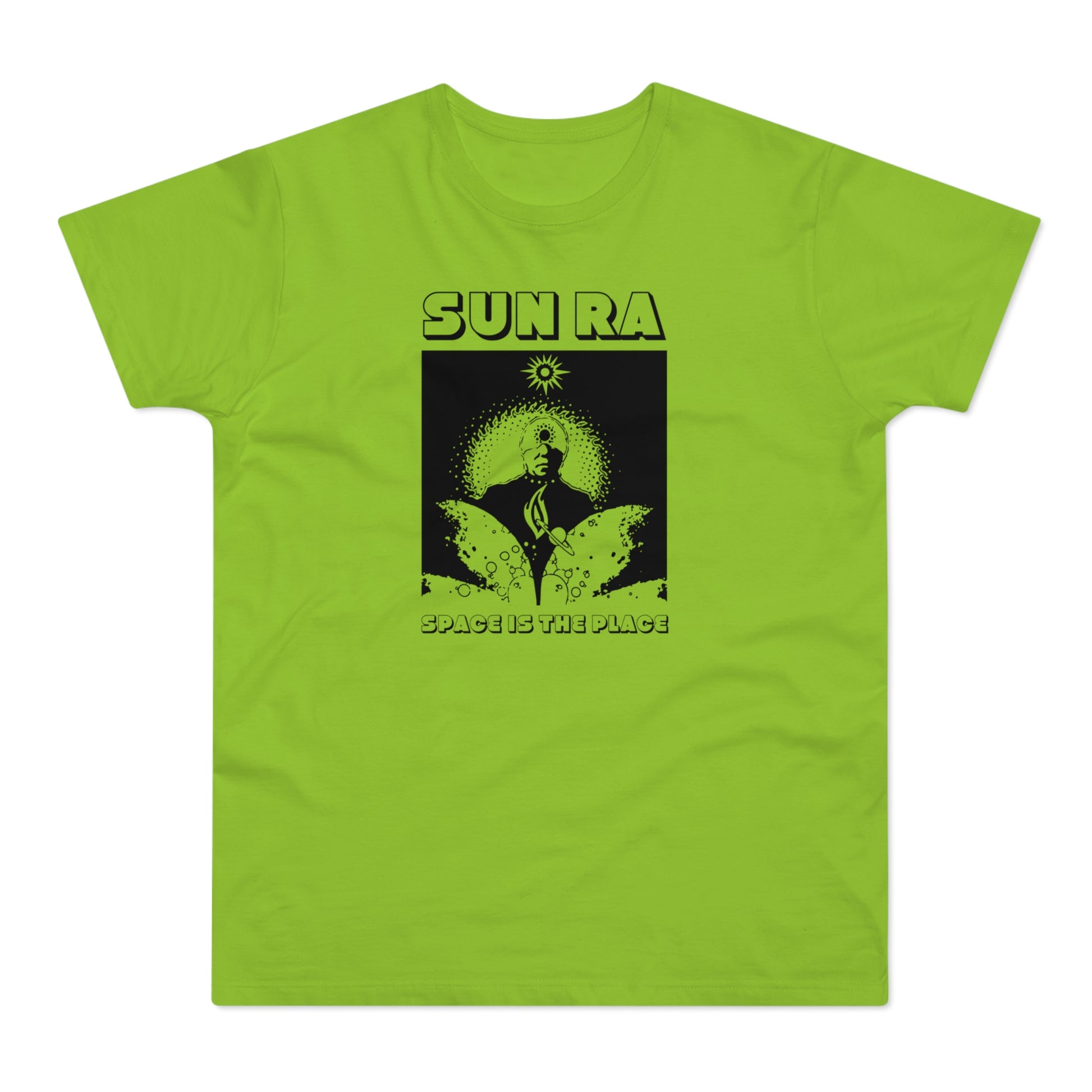 Lime green t-shirt with black graphic of Sun Ra and text "SPACE IS THE PLACE".