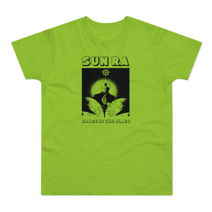 Lime green t-shirt with black graphic of Sun Ra and text "SPACE IS THE PLACE".