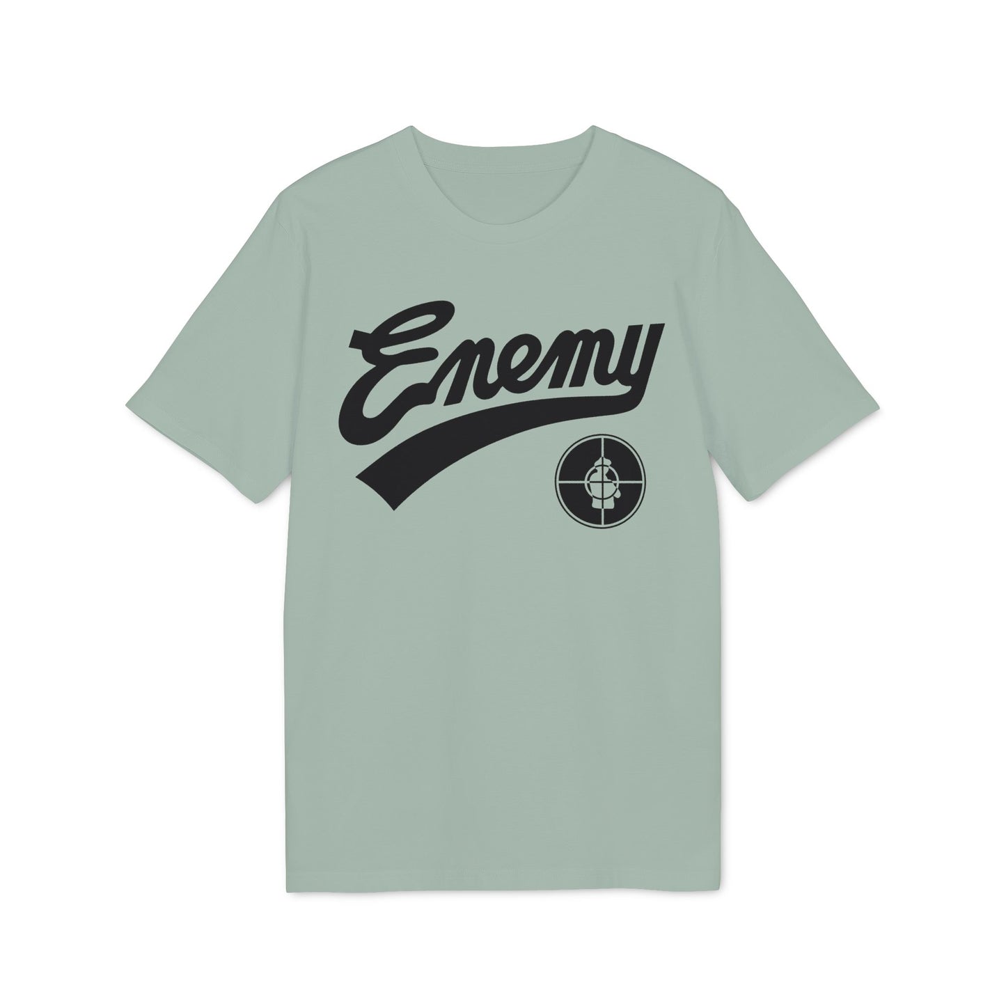 Light teal t-shirt with black "Enemy" text and target logo.
