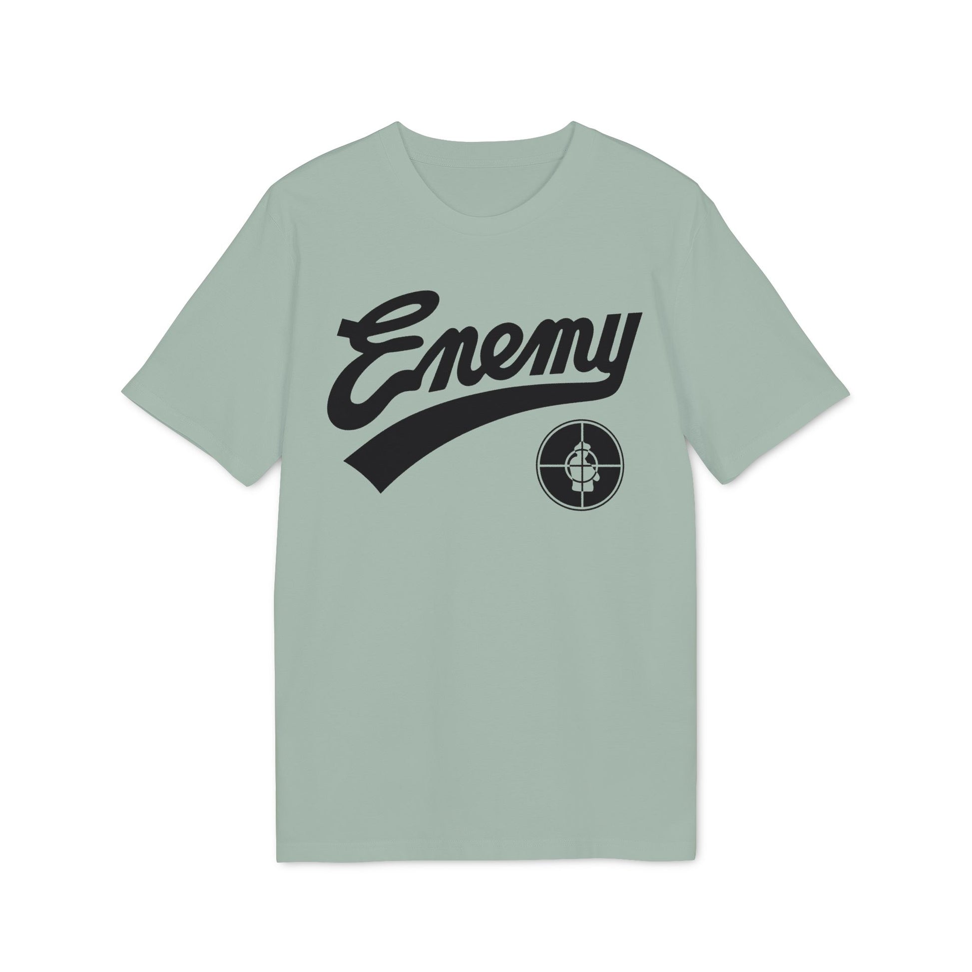Light teal t-shirt with black "Enemy" text and target logo.