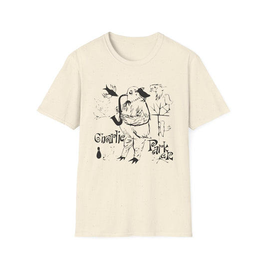 T-shirt with black ink drawing of a bird playing a saxophone and "Charlie Parker" text.