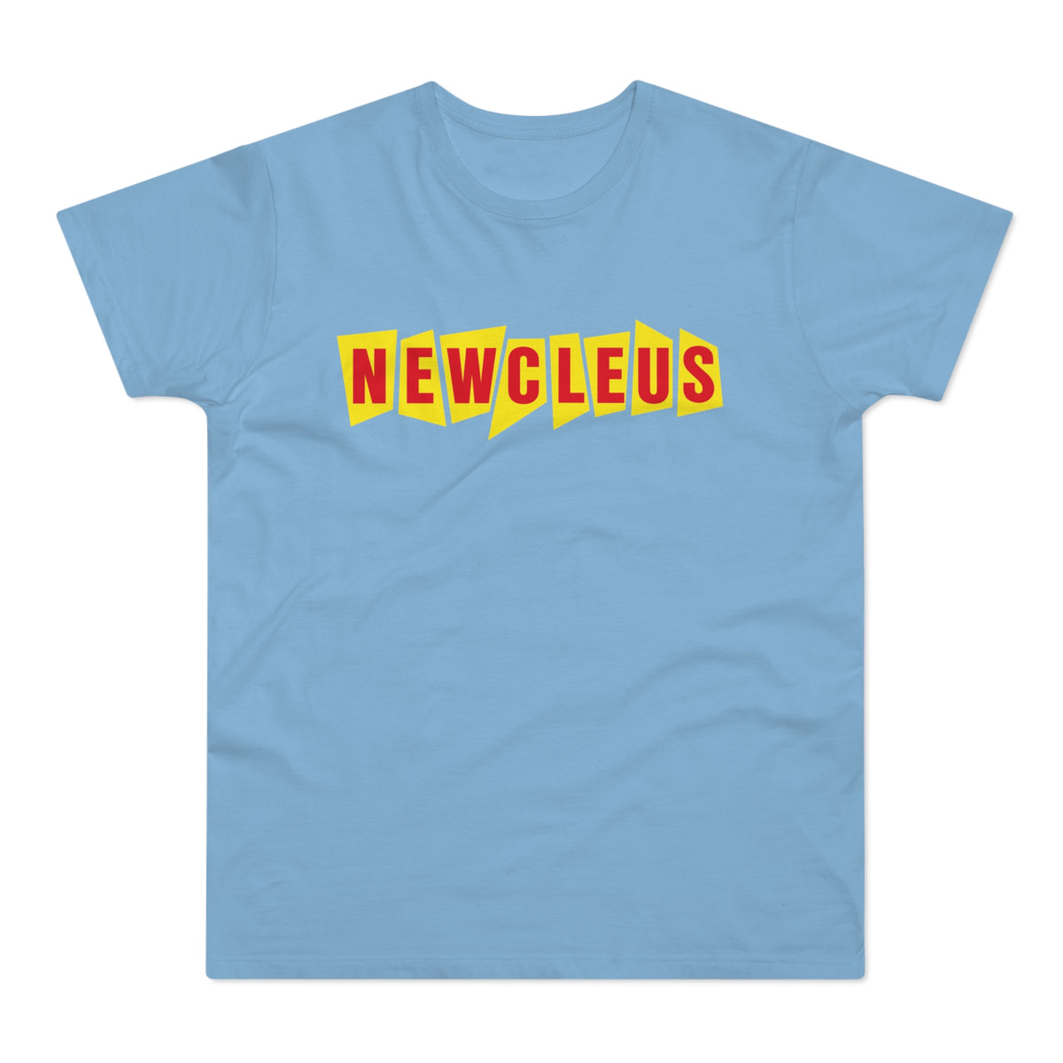 Light blue t-shirt with red "NEWCLEUS" text in yellow comic-style bursts.