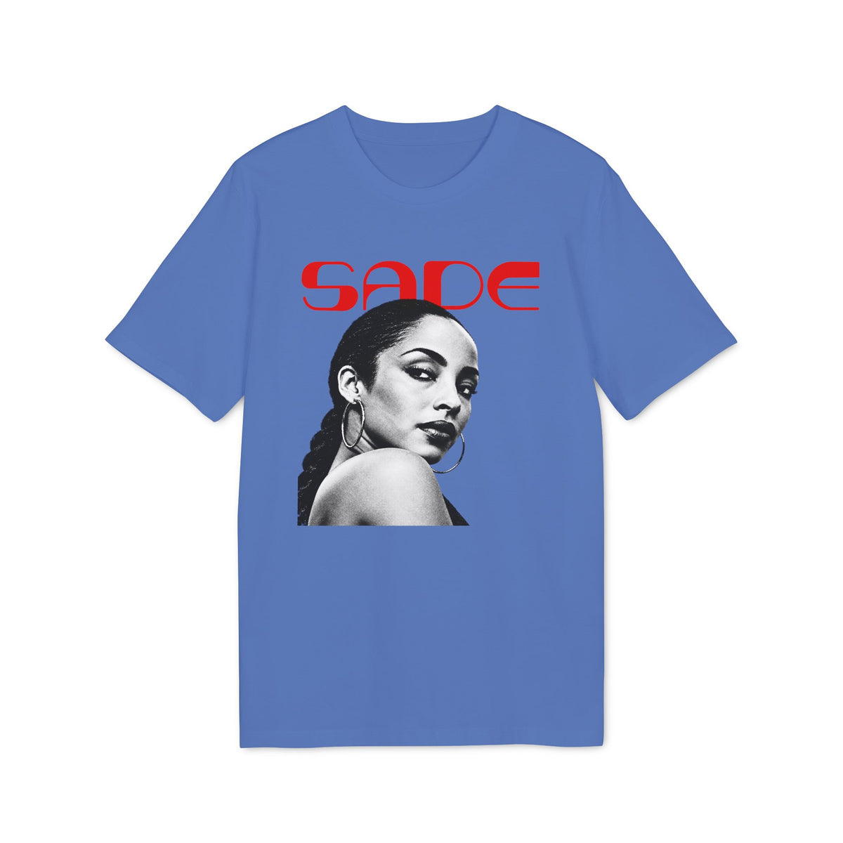 Blue short-sleeve t-shirt featuring a black and white portrait of Sade with red text above.