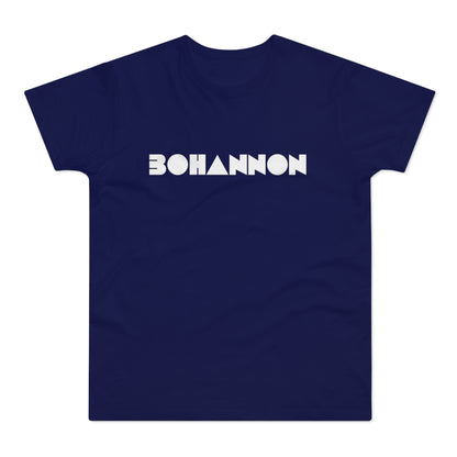 Navy t-shirt with white "BOHANNON" text in geometric block font.