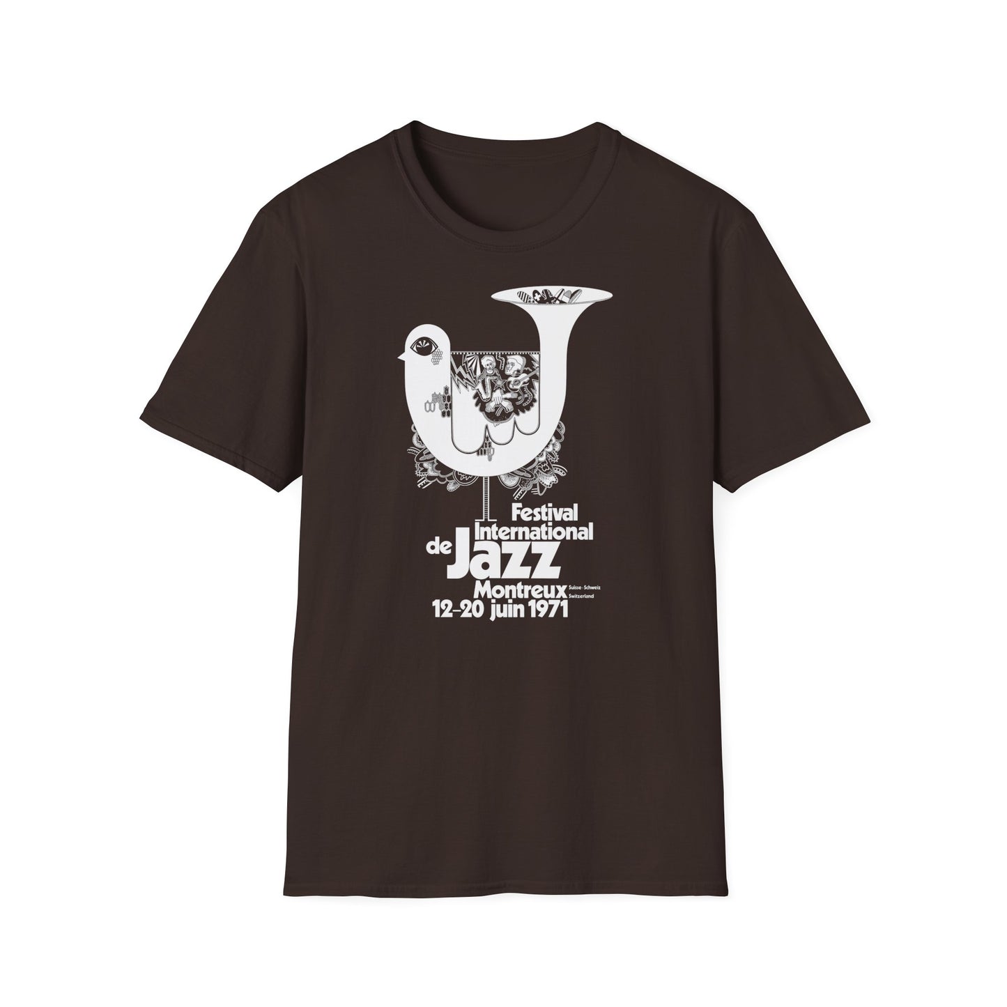 Brown t-shirt with white graphic of a bird and text for Montreux Jazz Festival 1971.