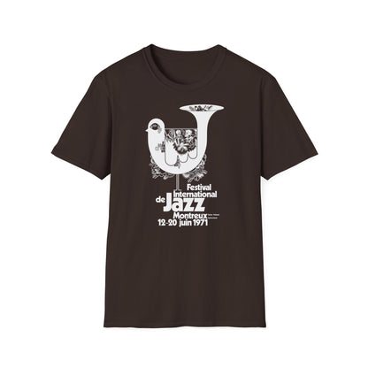 Brown t-shirt with white graphic of a bird and text for Montreux Jazz Festival 1971.