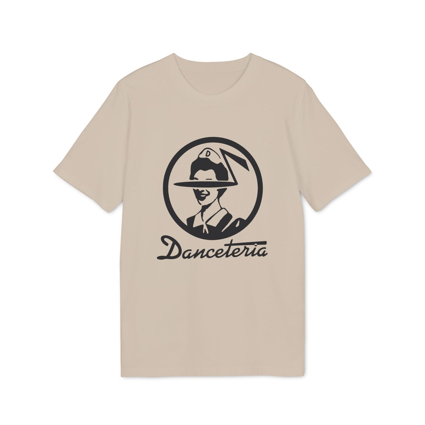 Tan t-shirt with a black circular logo and the word Danceteria.