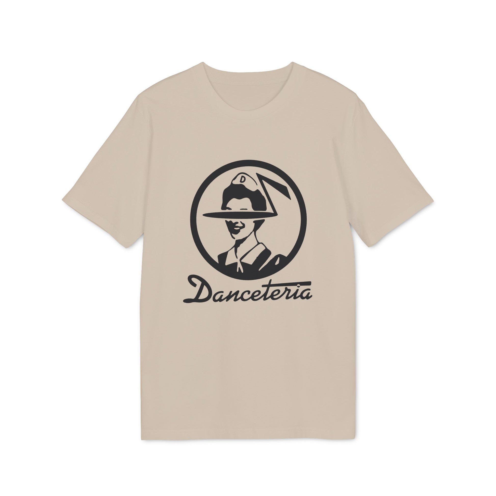 Tan t-shirt with a black circular logo and the word Danceteria.