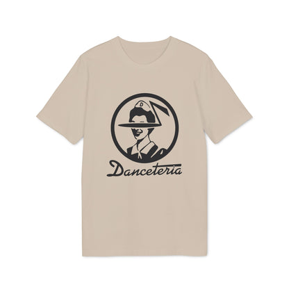 Tan t-shirt with a black circular logo and the word Danceteria.