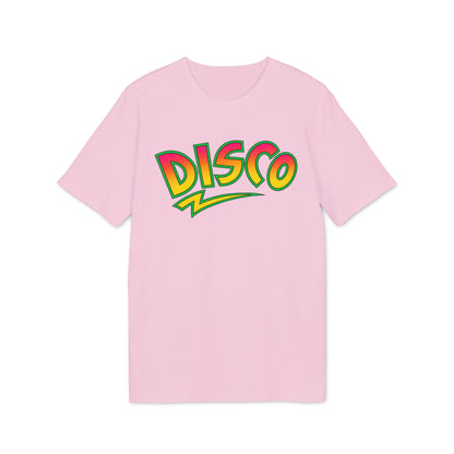 Light pink short-sleeved t-shirt with the word DISCO in colorful retro bubble letters across the chest.