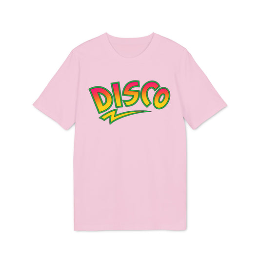 Light pink short-sleeved t-shirt with the word DISCO in colorful retro bubble letters across the chest.