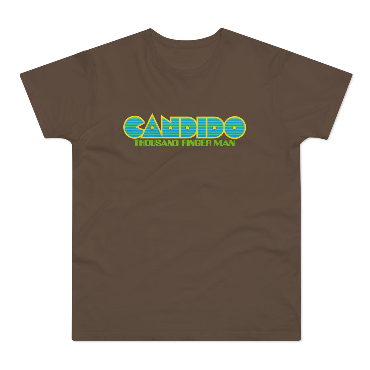 Brown t-shirt with yellow and blue "CANDIDO THOUSAND FINGER MAN" graphic.