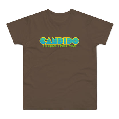 Brown t-shirt with yellow and blue "CANDIDO THOUSAND FINGER MAN" graphic.