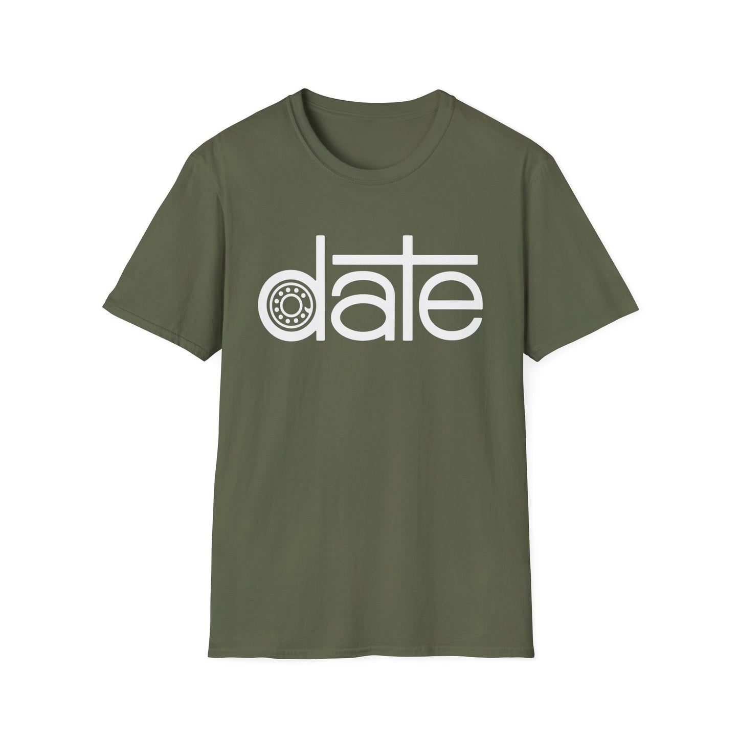 Olive green t-shirt with white text "date" featuring a circular cog design.