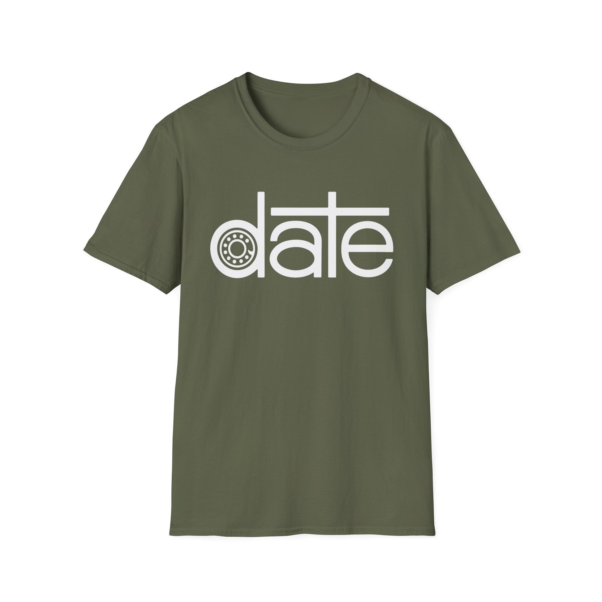 Olive green t-shirt with white text "date" featuring a circular cog design.
