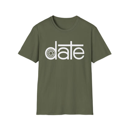 Olive green t-shirt with white text "date" featuring a circular cog design.
