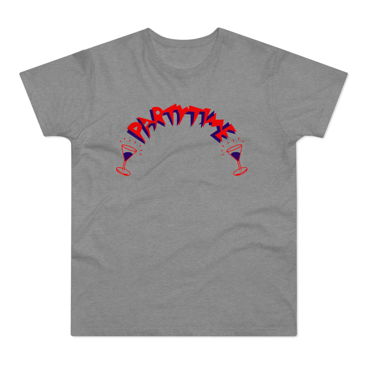 Gray t-shirt with "PARTYTIME" text and two martini glasses.