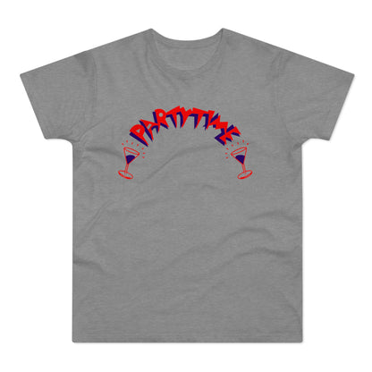 Gray t-shirt with "PARTYTIME" text and two martini glasses.