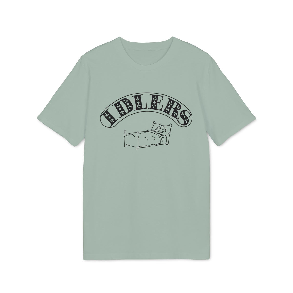 Sage green crewneck t-shirt featuring a black graphic of a sleeping person in a bed with arched text reading IDLERS above it.