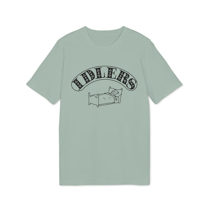 Sage green crewneck t-shirt featuring a black graphic of a sleeping person in a bed with arched text reading IDLERS above it.