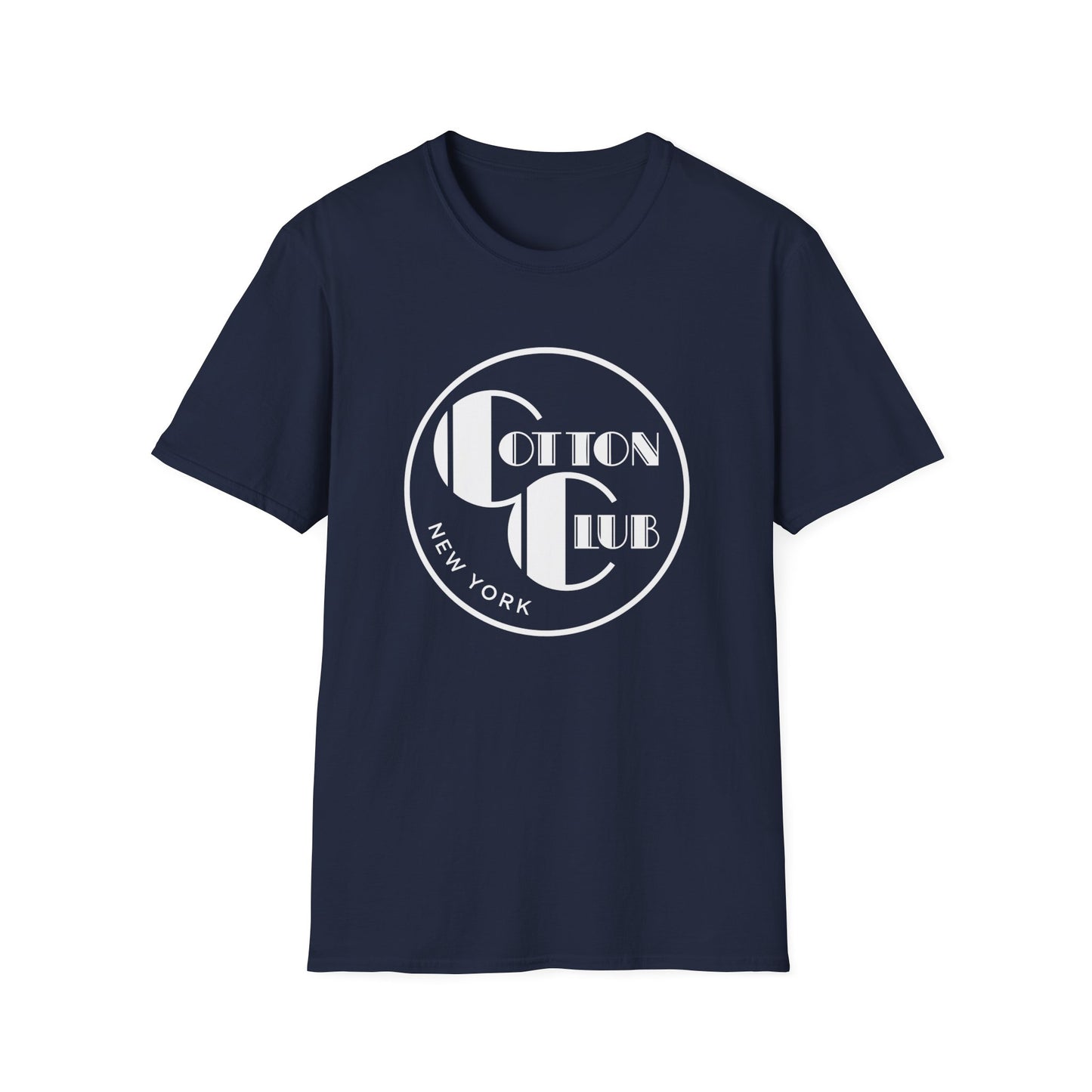 Navy t-shirt with white "Cotton Club New York" circular logo.