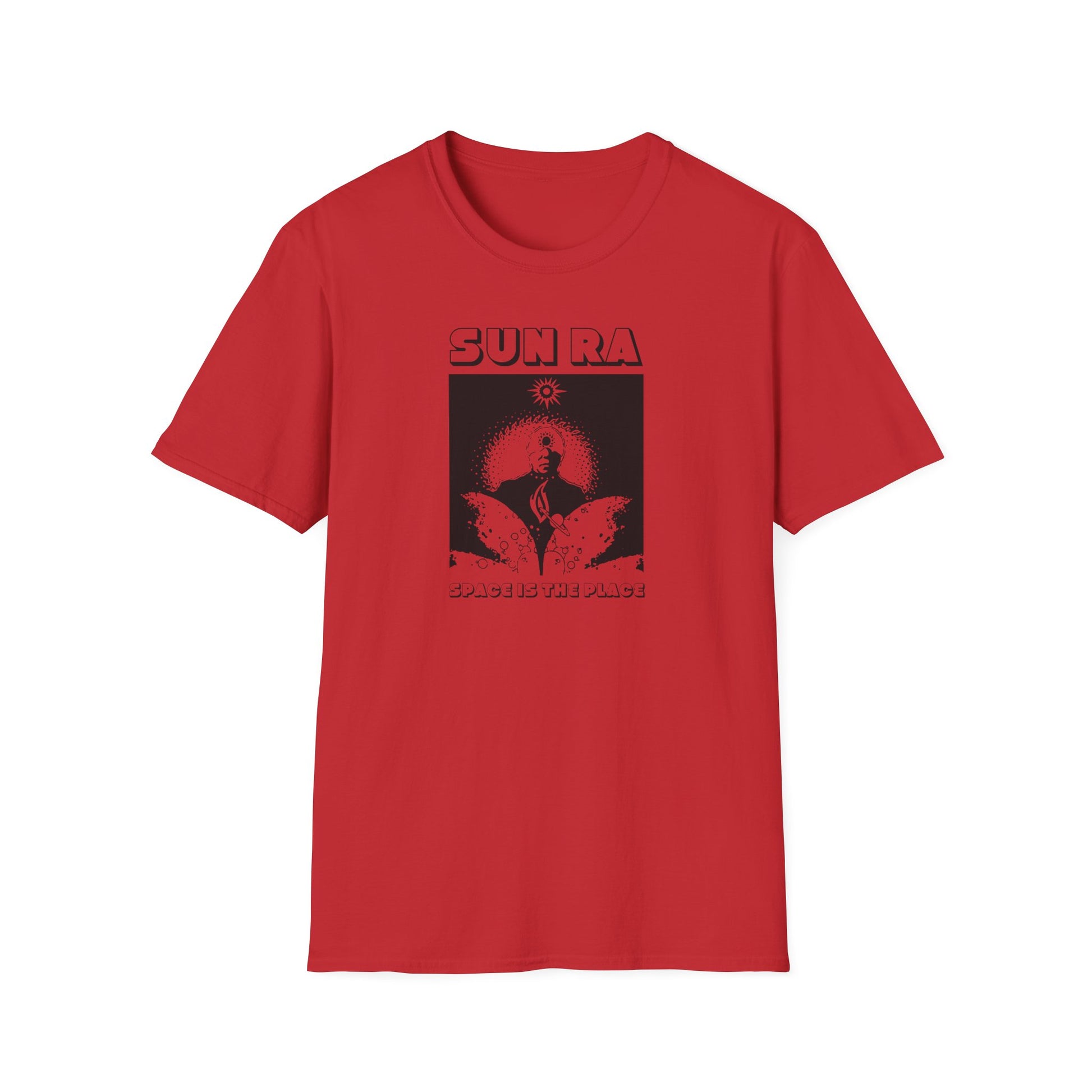 Red t-shirt with Sun Ra and "Space is the Place" graphic design.