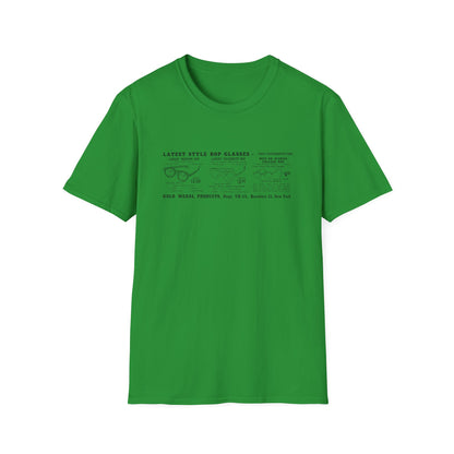 Green t-shirt with "Latest Style Bop Glasses" ad text.