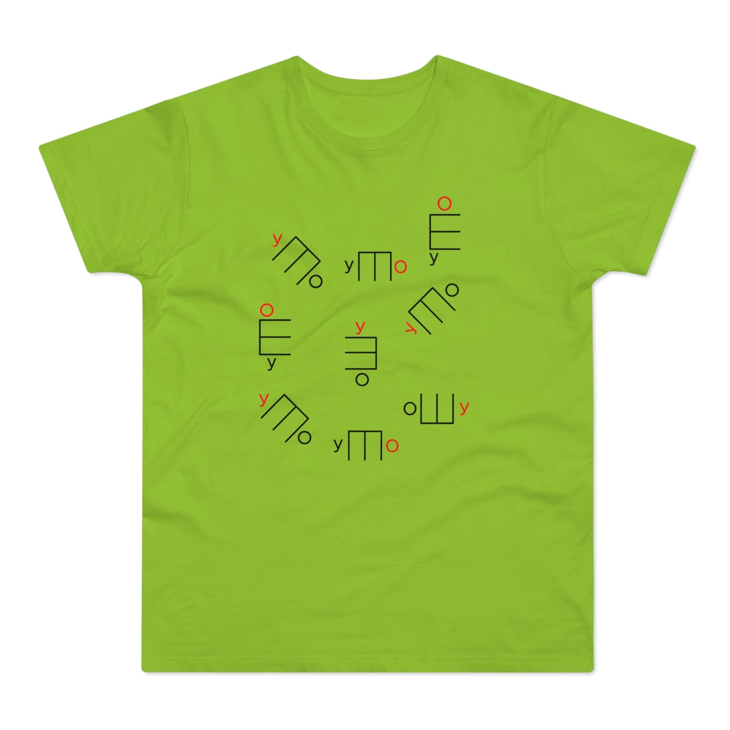 Lime green t-shirt with scattered abstract black and red symbols.