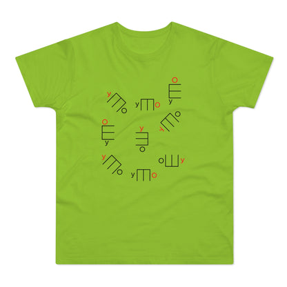 Lime green t-shirt with scattered abstract black and red symbols.