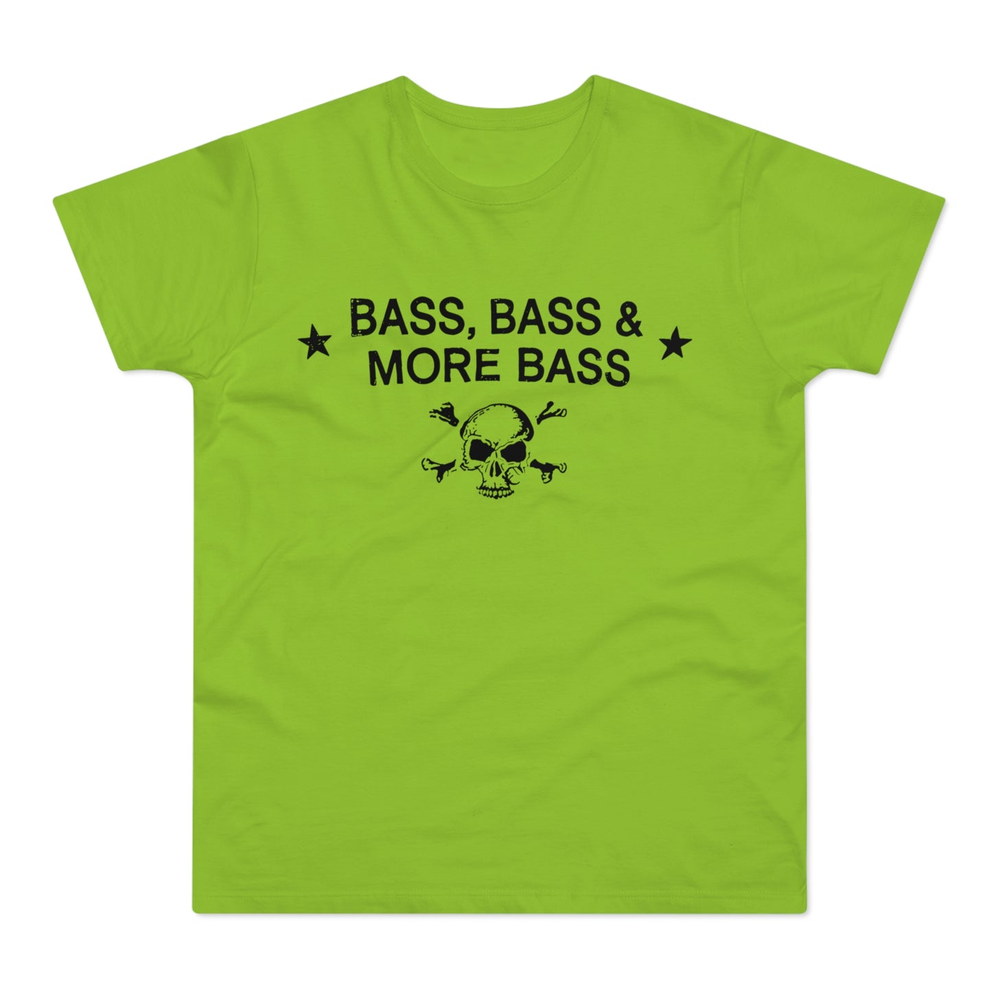 Green t-shirt with black text "BASS, BASS & MORE BASS" and skull graphic.