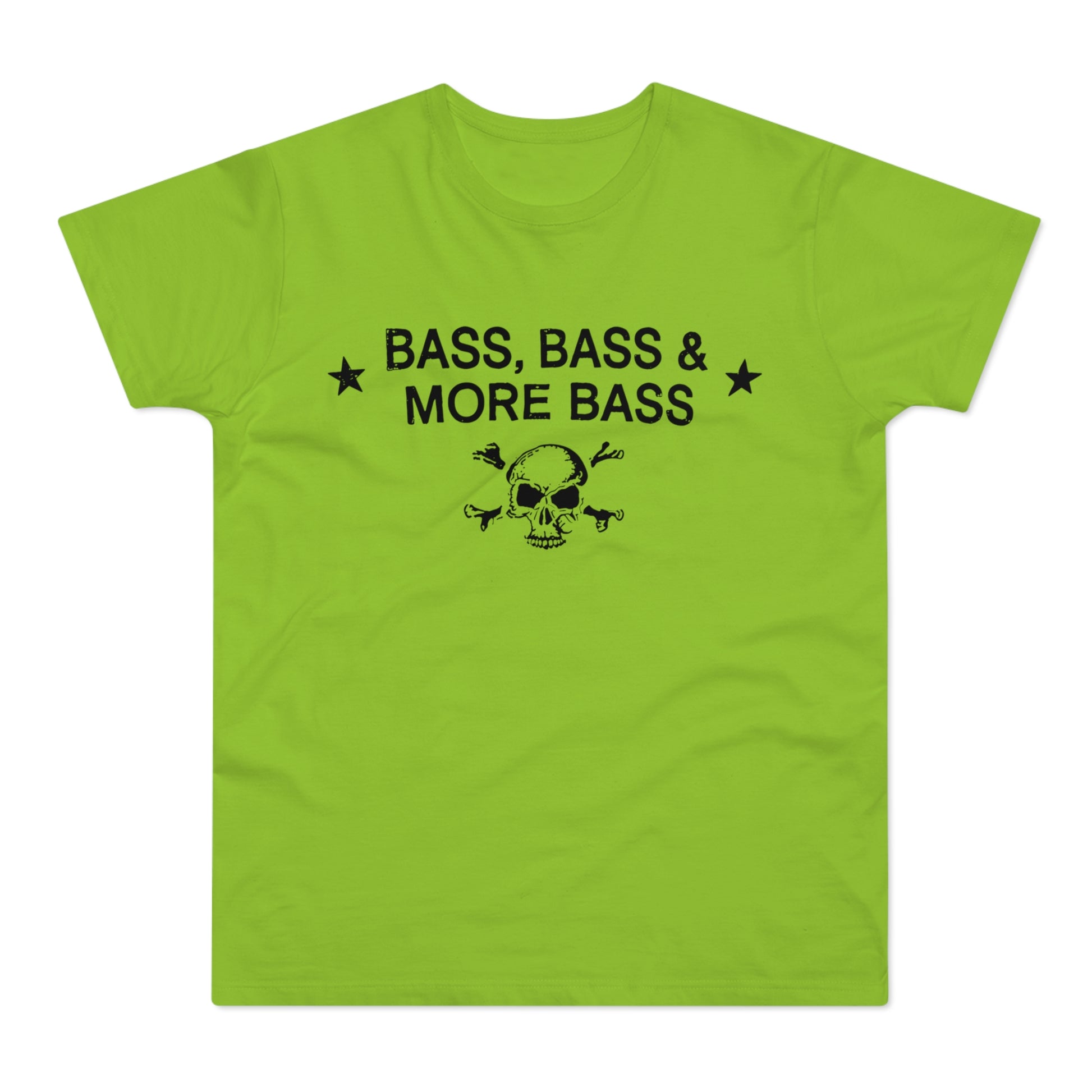 Green t-shirt with black text "BASS, BASS & MORE BASS" and skull graphic.