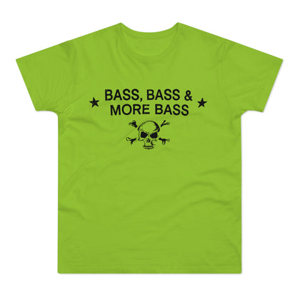 Green t-shirt with black text "BASS, BASS & MORE BASS" and skull graphic.