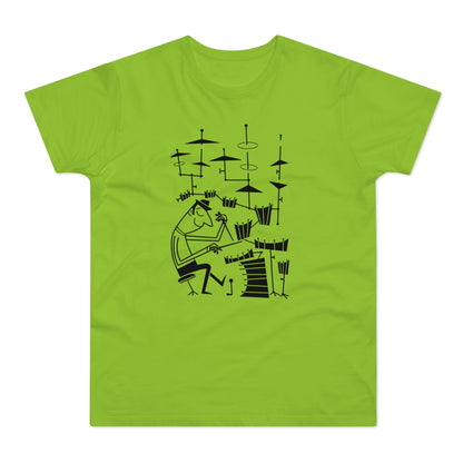 Black line art of a drummer playing a drum set on a lime green t-shirt.