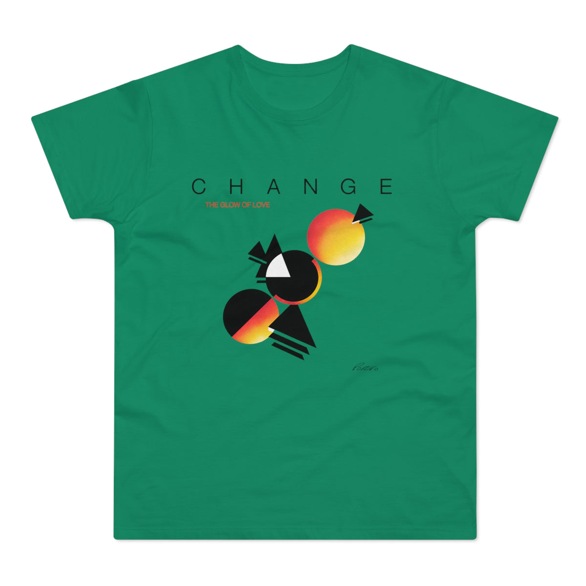 Green t-shirt with "CHANGE THE GLOW OF LOVE" and abstract geometric design.