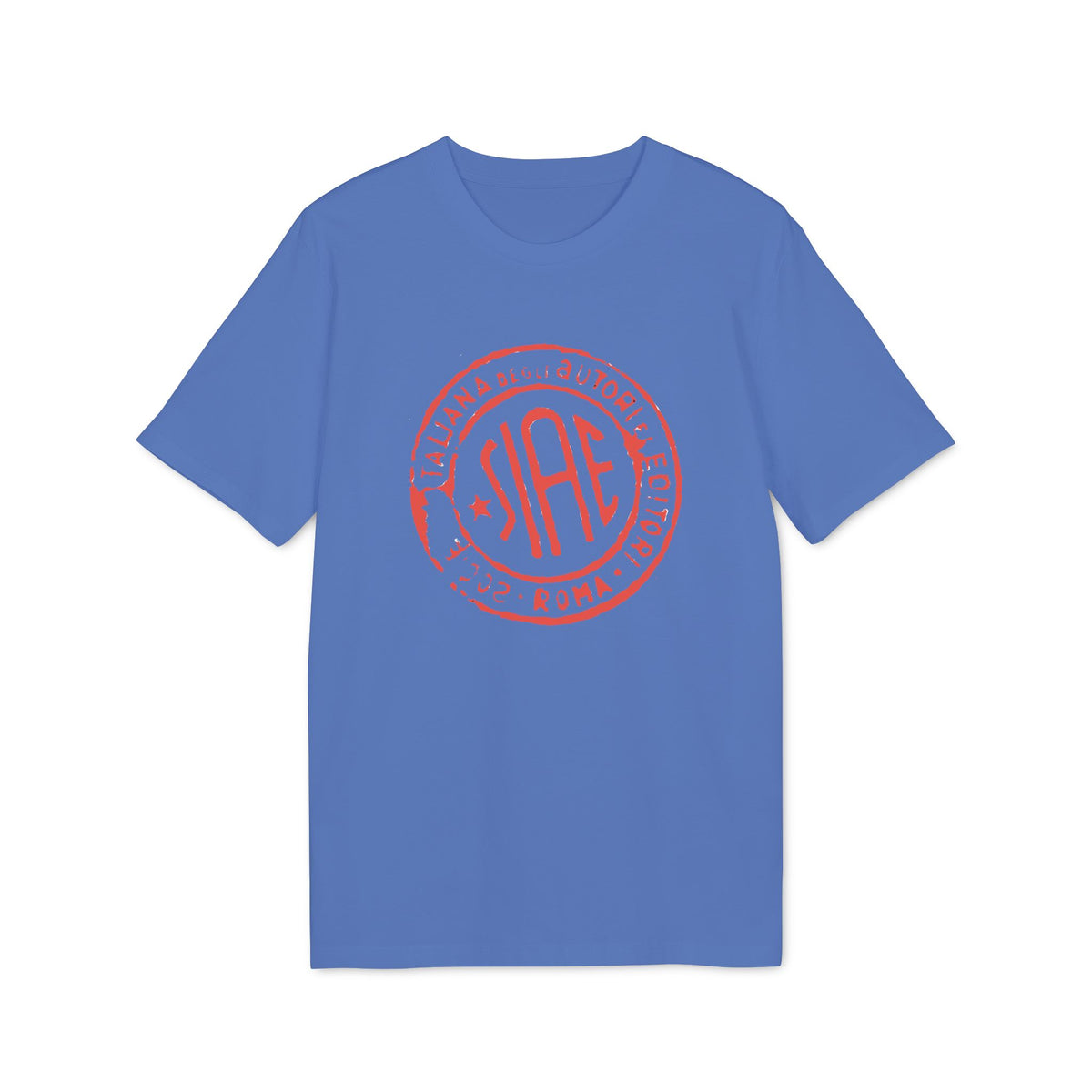 A blue short-sleeved t-shirt featuring a large red circular graphic with text on the chest.