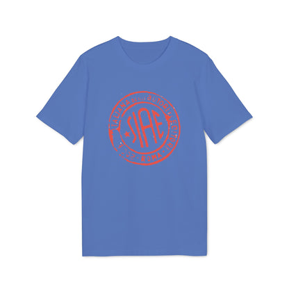 A blue short-sleeved t-shirt featuring a large red circular graphic with text on the chest.