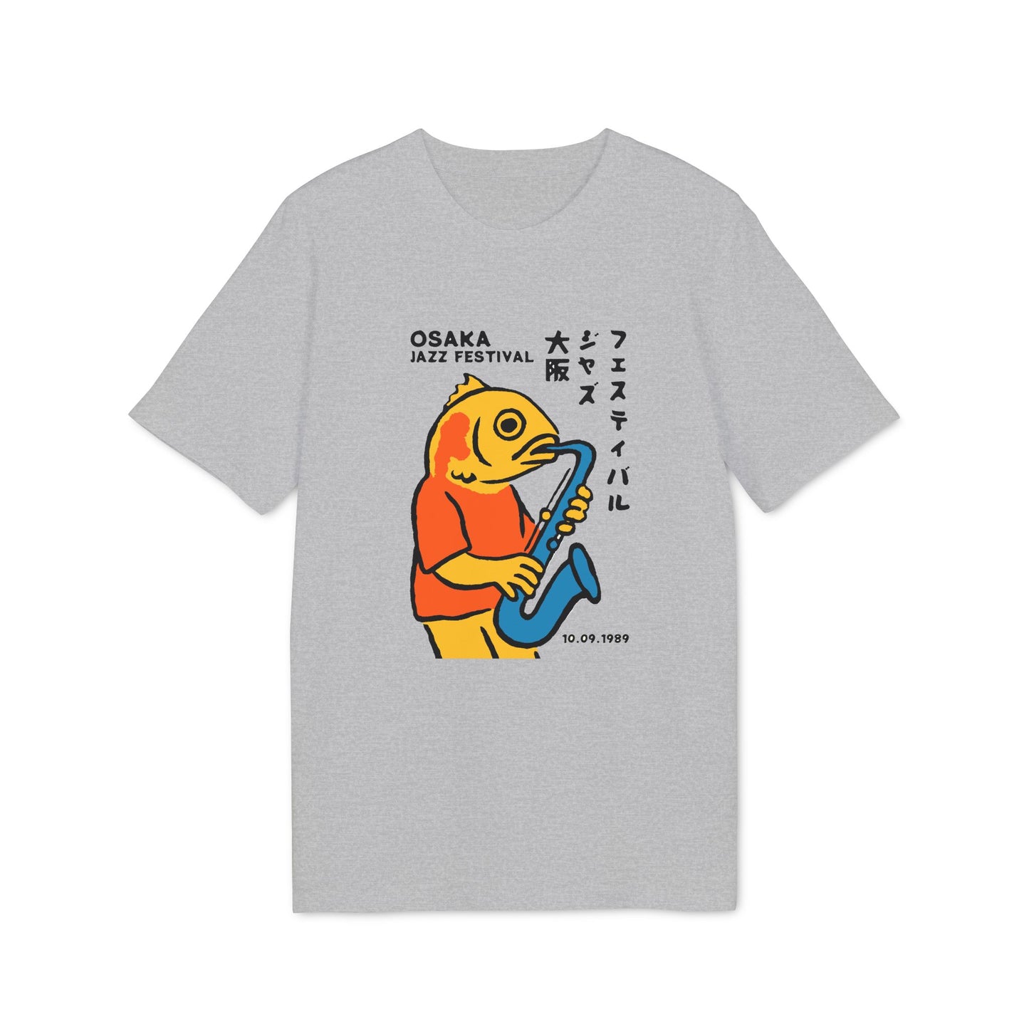 T-shirt featuring a yellow fish playing a blue saxophone with Osaka Jazz Festival text.