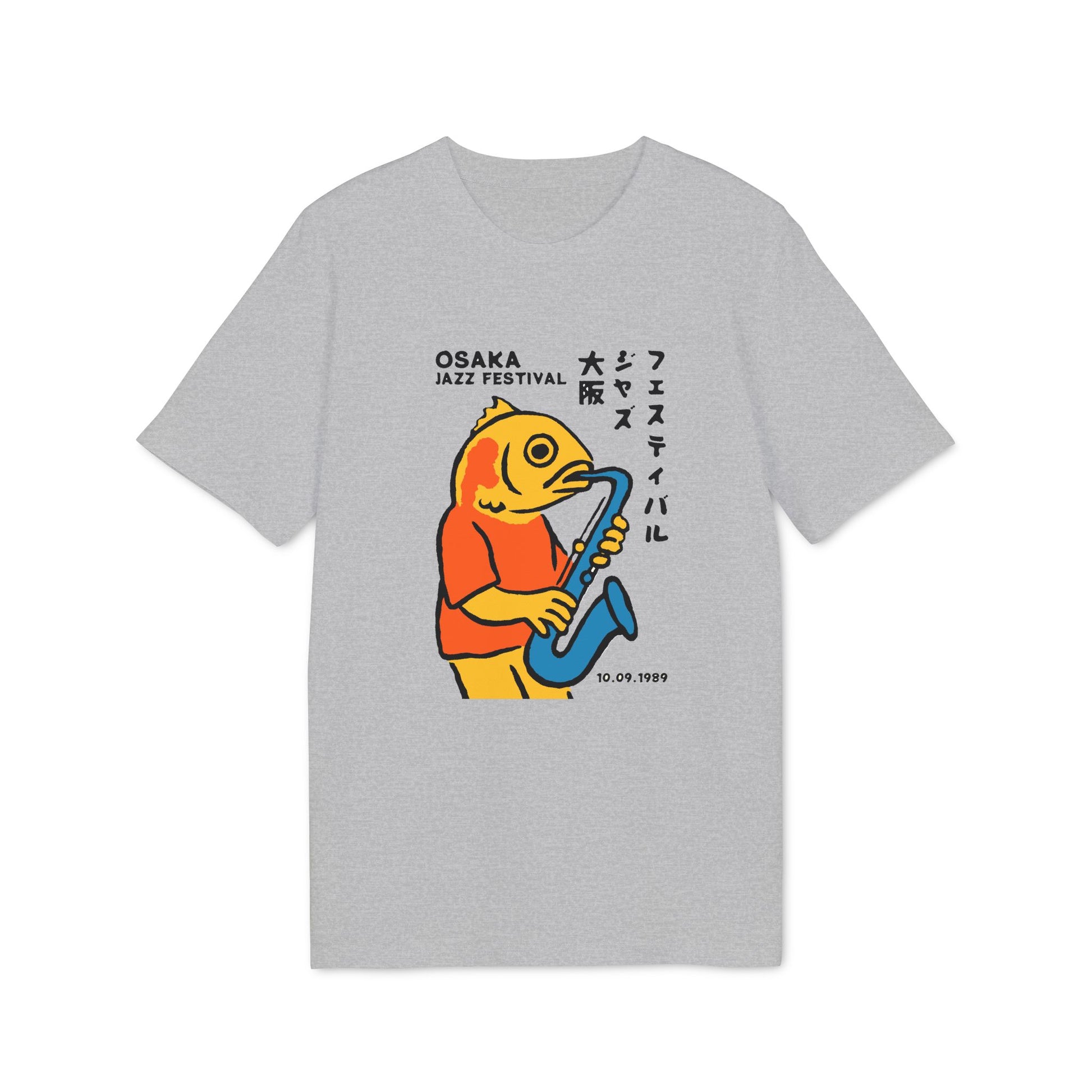 T-shirt featuring a yellow fish playing a blue saxophone with Osaka Jazz Festival text.