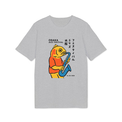 T-shirt featuring a yellow fish playing a blue saxophone with Osaka Jazz Festival text.