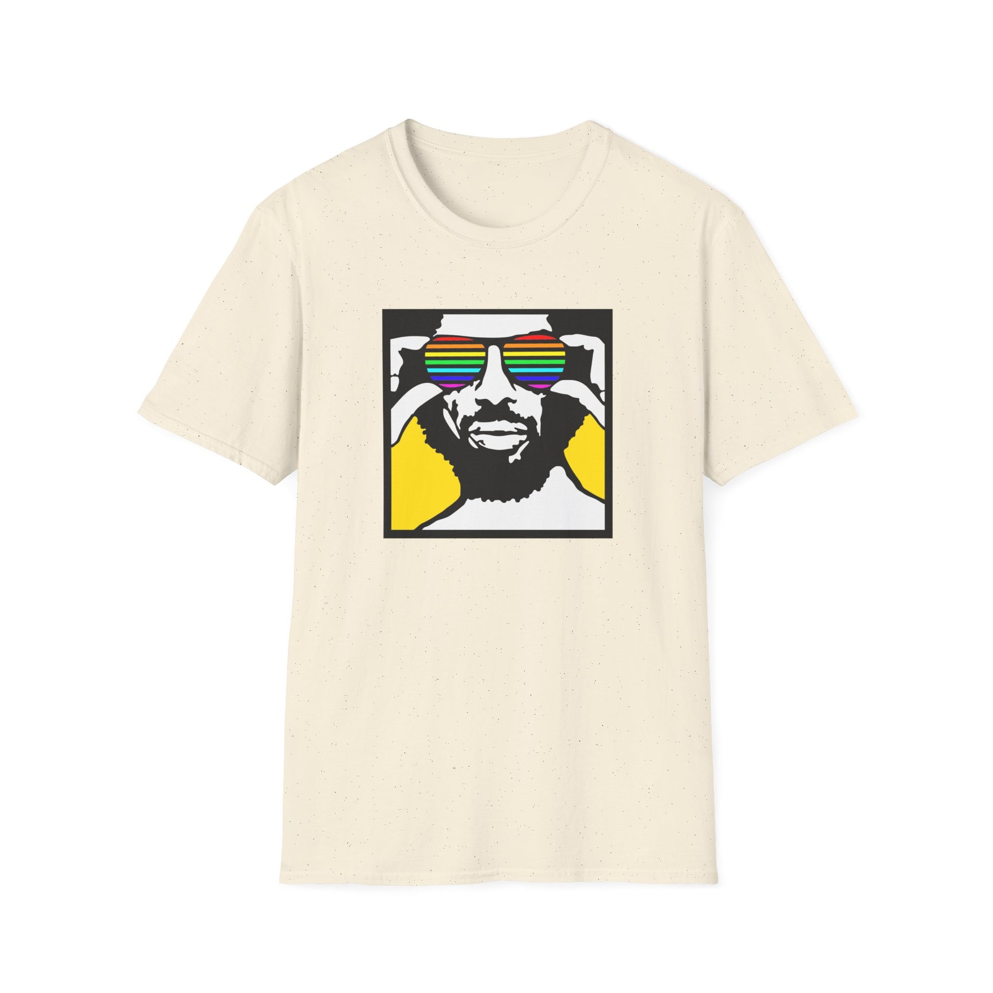 Cream t-shirt with graphic of a man wearing rainbow sunglasses and touching them