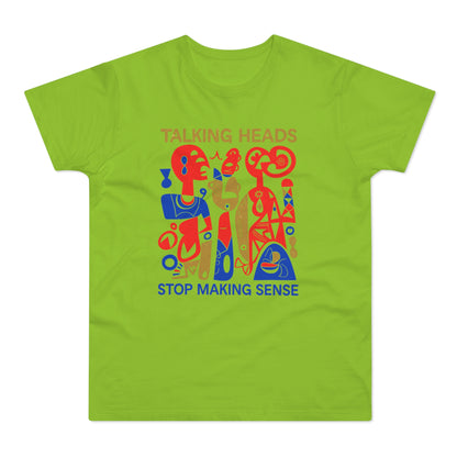 Talking Heads Stop Making Sense geometric abstract graphic on a lime green t-shirt.