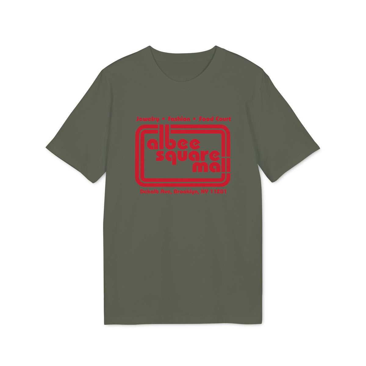 An olive green t-shirt with a red Albee Square Mall graphic printed on the chest.
