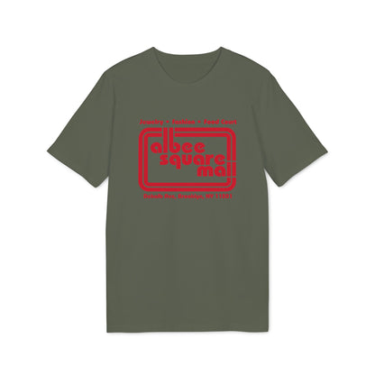 An olive green t-shirt with a red Albee Square Mall graphic printed on the chest.