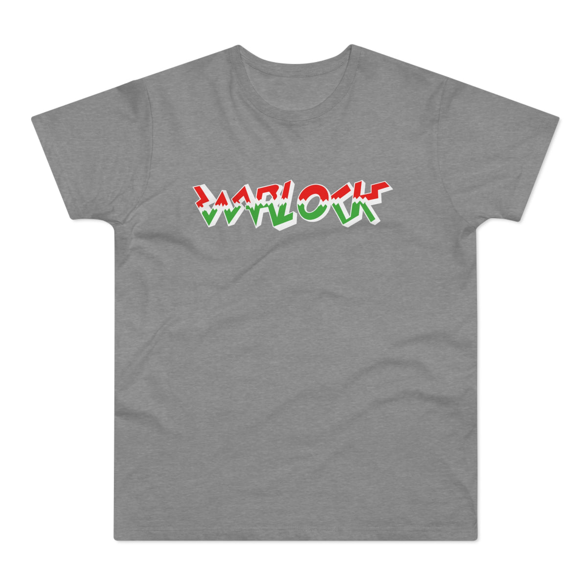 Grey t-shirt with "WARLOCK" text in red and green jagged lettering.