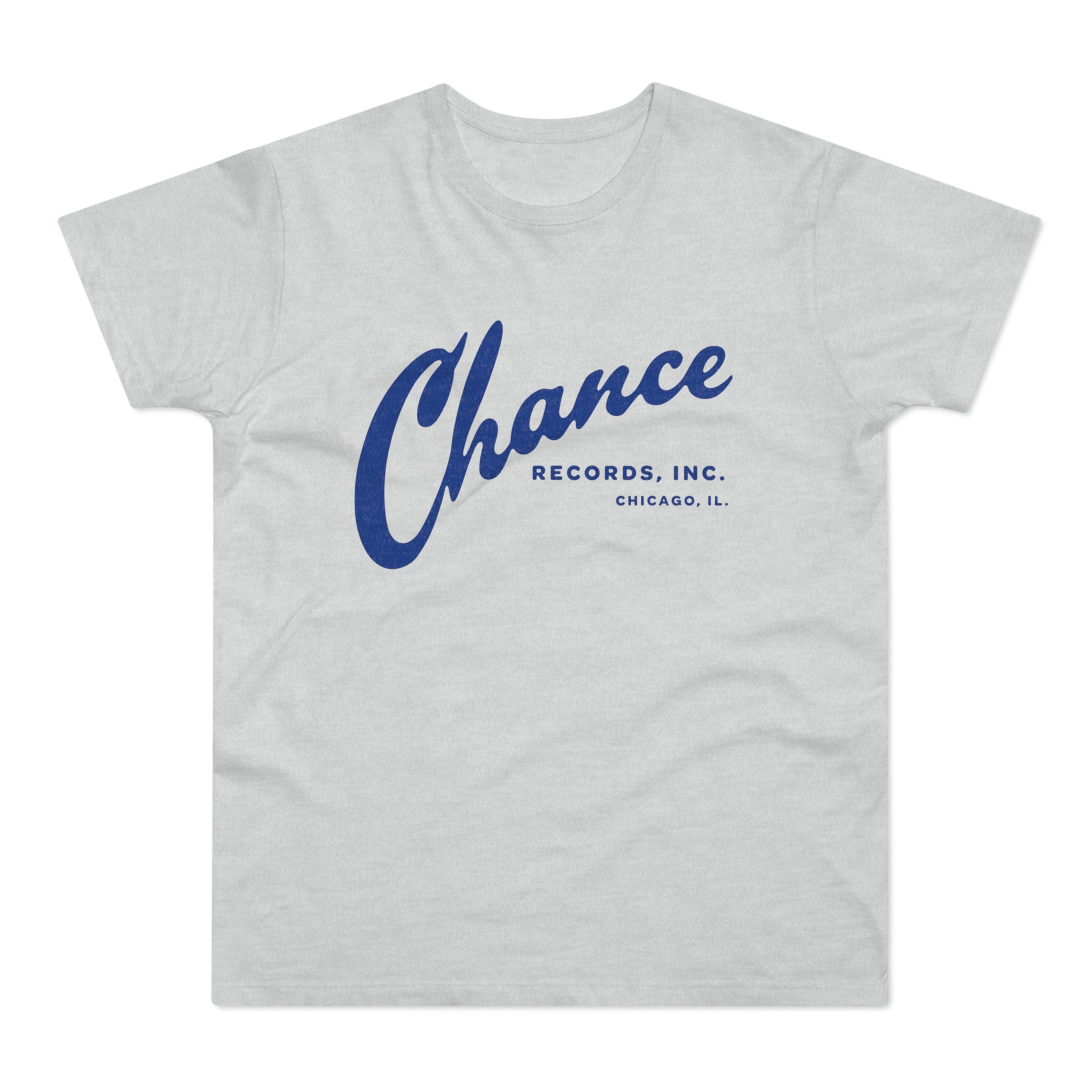 Light gray t-shirt with a blue Chance Records Inc. Chicago, IL logo.