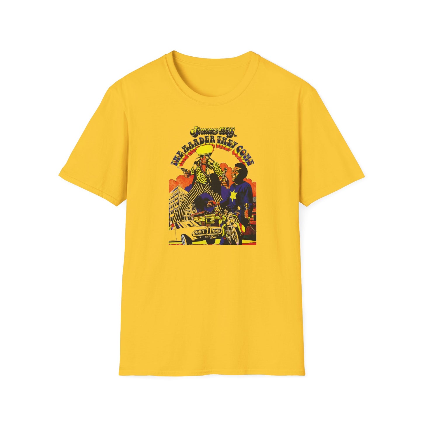 Jimmy Cliff The Harder They Come graphic on yellow t-shirt featuring city scene.