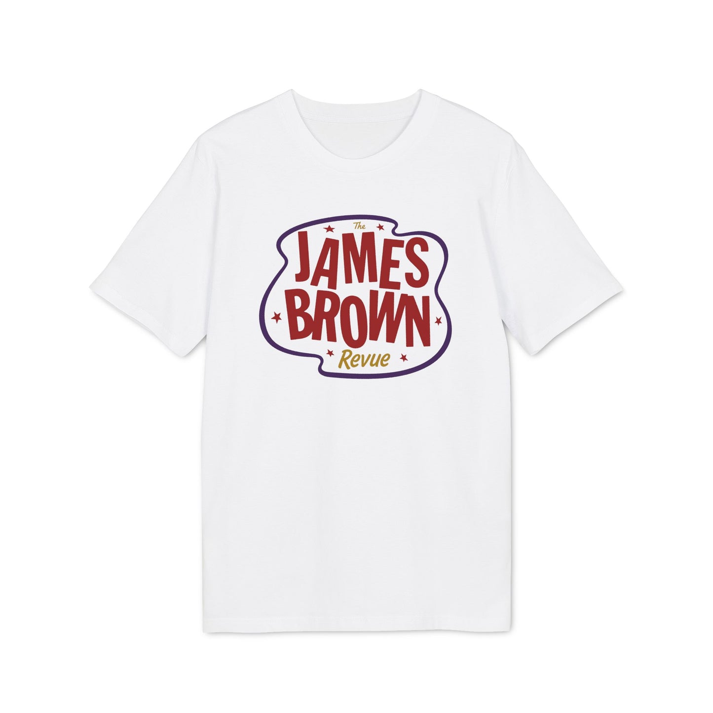 White t-shirt with "The James Brown Revue" logo in purple and red text.